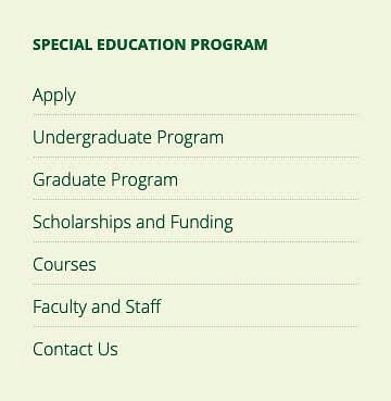 Screenshot of the Special Education program navigation
