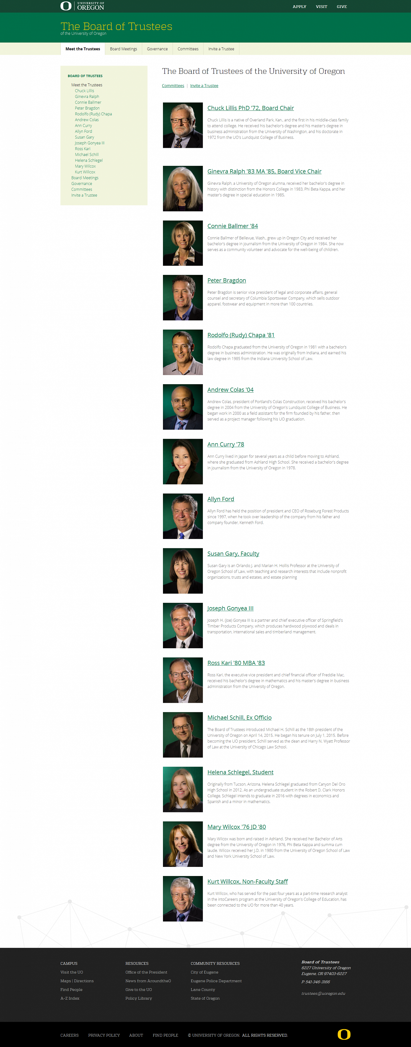Screenshot of the Board of Trustees Meet the Trustees landing page
