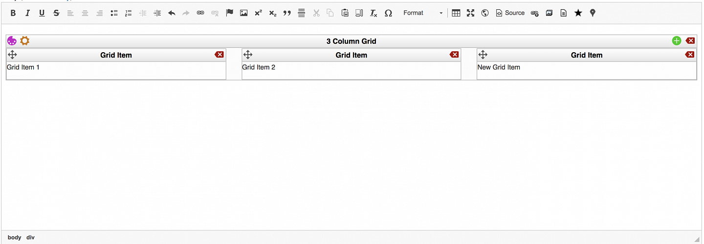 An example of UO Edit Suite in a WYSIWYG editor with a 3 column grid template