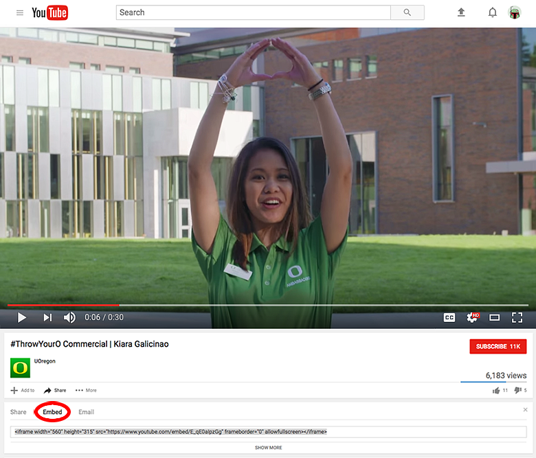 Screenshot of YouTube screen highlight the embed button