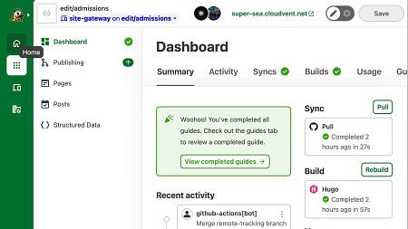 CloudCannon dashboard after logging in