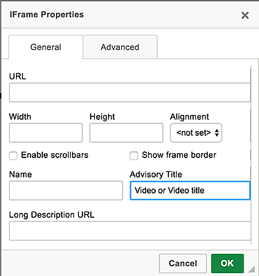 Drupal iFrame editor with "video" in the advisory title box