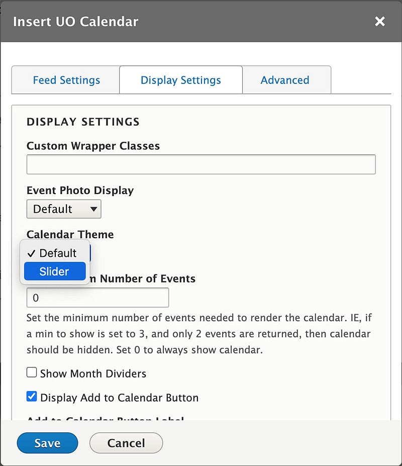 UO Calendar window select slider option