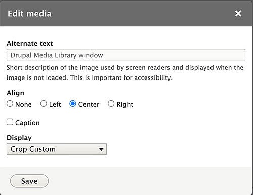 Edit media window showing Alignment, Alt Text, Caption, and Crop options