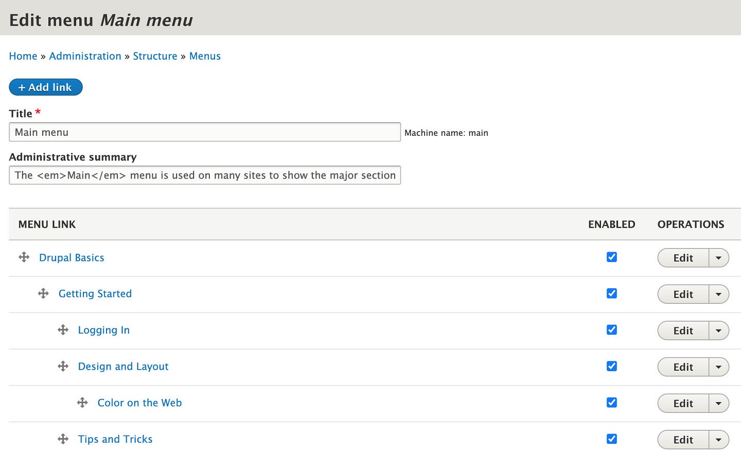 Drupal 9 Main menu editor page