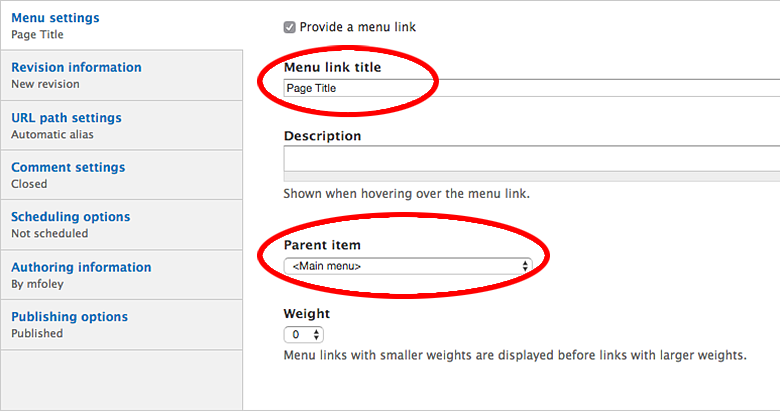 Screen shot of the Menu options circled