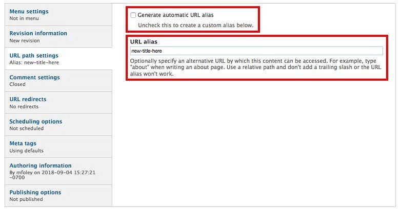 Screenshot of URL alias menu with a new URL Screenshot of URL alias menu with a new URL