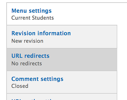 URL redirect tab in the editor